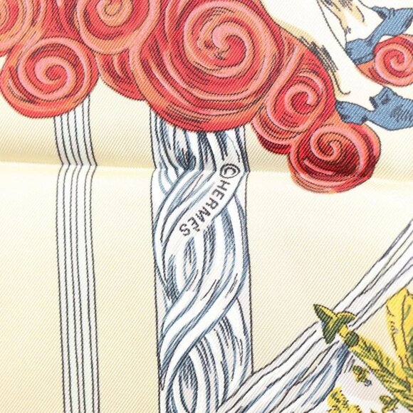 HERMES Carre 90 Scarf ""Au FIL de la SOIE"" Silk Beige Auth - Picture 5 of 13